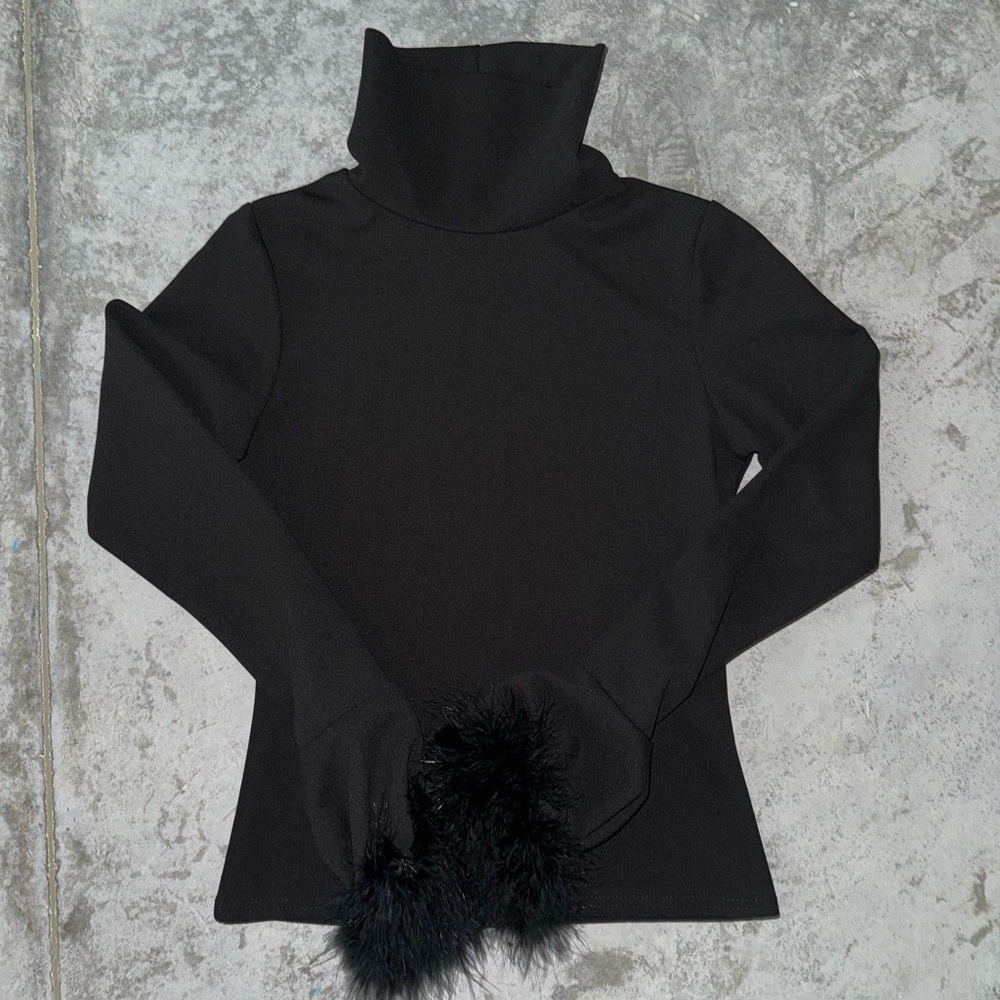 Turtleneck Top with Feather Cuffed Sleeves